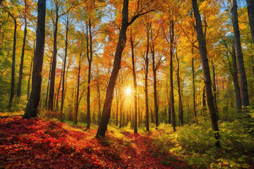 Obraz premium Autumn forest landscape, orange golden foliage, fall wallpaper