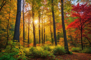 Obraz premium Autumn forest landscape, orange golden foliage, fall wallpaper