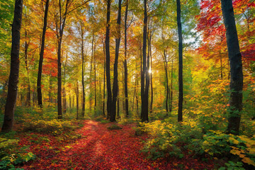 Fototapeta premium Autumn forest landscape, orange golden foliage, fall wallpaper