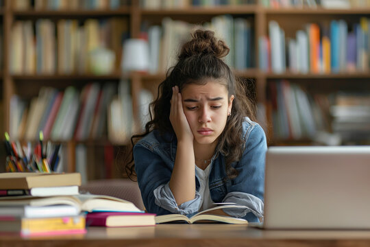 Frustrated student in a library. Exhausted young woman in casual attire struggling with studies, conveying academic stress. Ideal for educational materials, stress management, and student life.