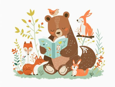 brown bear reading book with forest animals clip art preview