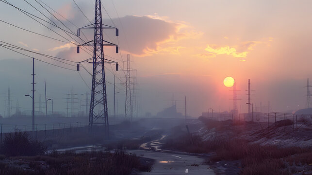 Power lines loom over an industrial landscape, with the sun rising in the distance.