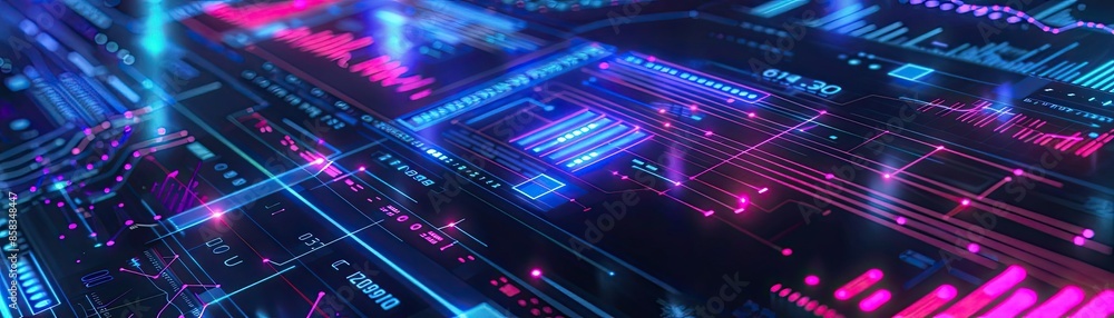 Poster abstract futuristic digital circuit board with glowing neon lights, representing technology, network