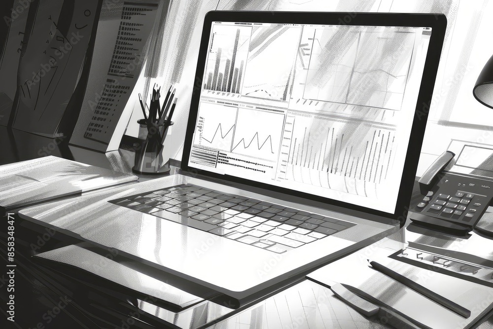 Poster monochrome office workspace with laptop displaying analytical data charts and graphs in a modern, ne