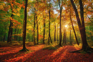 Fototapeta premium Autumn forest landscape, orange golden foliage, fall wallpaper
