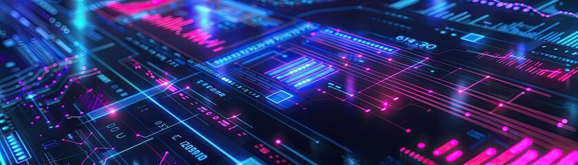 Abstract futuristic digital circuit board with glowing neon lights, representing technology, networking, and data processing.