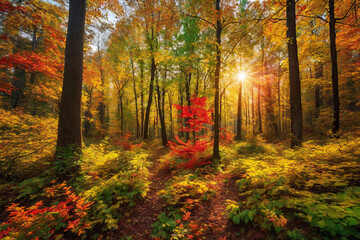 Obraz premium Autumn forest landscape, orange golden foliage, fall wallpaper