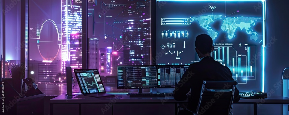 Poster person in a modern office at night, analyzing data on multiple screens with a futuristic cityscape v