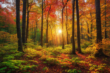 Fototapeta premium Autumn forest landscape, orange golden foliage, fall wallpaper