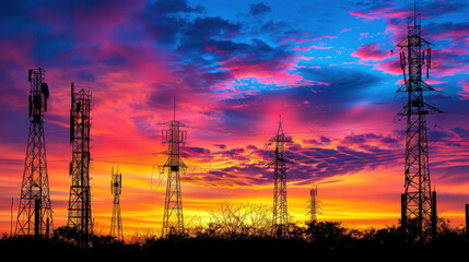 Radio towers stand tall against a vibrant sunset, their silhouettes forming a striking contrast against the colorful sky.