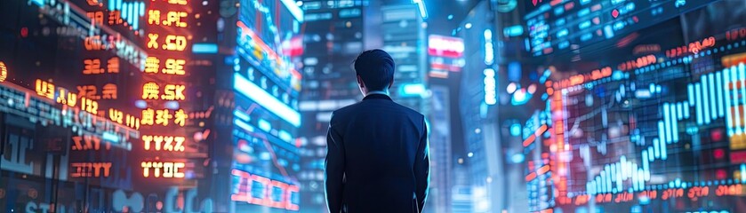 Obraz premium Businessman in a futuristic city with neon lights and digital displays, showcasing technology and modern urban environment at nighttime.