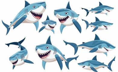 Fish funny character set. Comic sharks emotions. Fish mascot. Fish comic style character set.