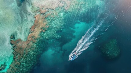 Aerial view of a boat speeding in clear blue waters near a coral reef, showcasing the stunning natural marine beauty.