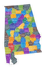 Alabama shape. State word cloud with county division. Alabama colored illustration. County names cloud. Vector illustration.