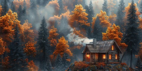 Cozy cabin nestled in an autumn forest - Powered by Adobe