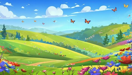Naklejka premium Bright Day in Whimsical Meadow with Butterflies Vector Art Background Illustration