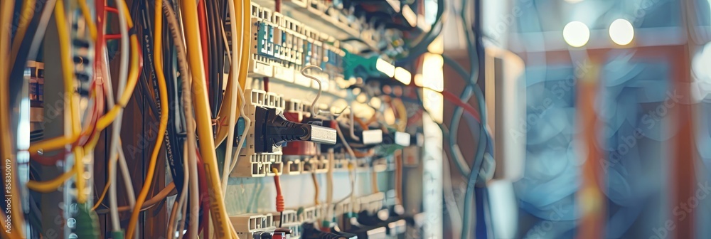 Poster a close-up of an electrician working on wiring within an open wall, showcasing cables, connectors, a