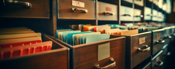 Fototapeta premium Vintage filing cabinet with open drawers, colorful folders organized neatly, symbolizing data management and organization in an office setting.