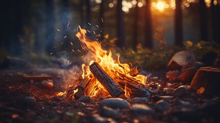A serene campfire in a forest setting, with logs burning and sparks flying, providing warmth and light during a sunset.