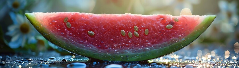 A slice of watermelon sits on a table. The rind is green and the flesh is red. The seeds are black. The watermelon is juicy and delicious.