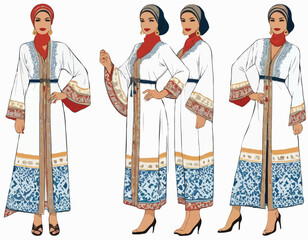 Femme en robe traditionnelle marocaine, costume national. Vêtements, tenue, kaftan avec broderie et foulard de Marrakech. Illustration vectorielle à plat isolée sur fond blanc