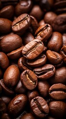 Naklejka premium Close-up view of roasted coffee beans, showcasing their rich, aromatic texture and color, perfect for cafe or culinary themes.