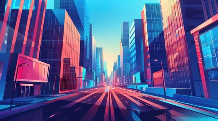 Vibrant cityscape illustration featuring a modern urban street with colorful skyscrapers under a clear blue sky, showcasing urban life and architecture.