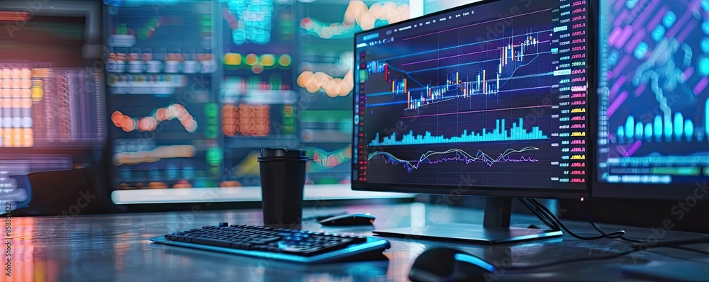 Poster modern trading desk with multiple screens displaying stock market charts, data analysis, and real-ti