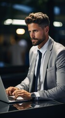 Focused businessman in a gray suit working on a laptop in a modern office setting, highlighting professionalism and concentration.