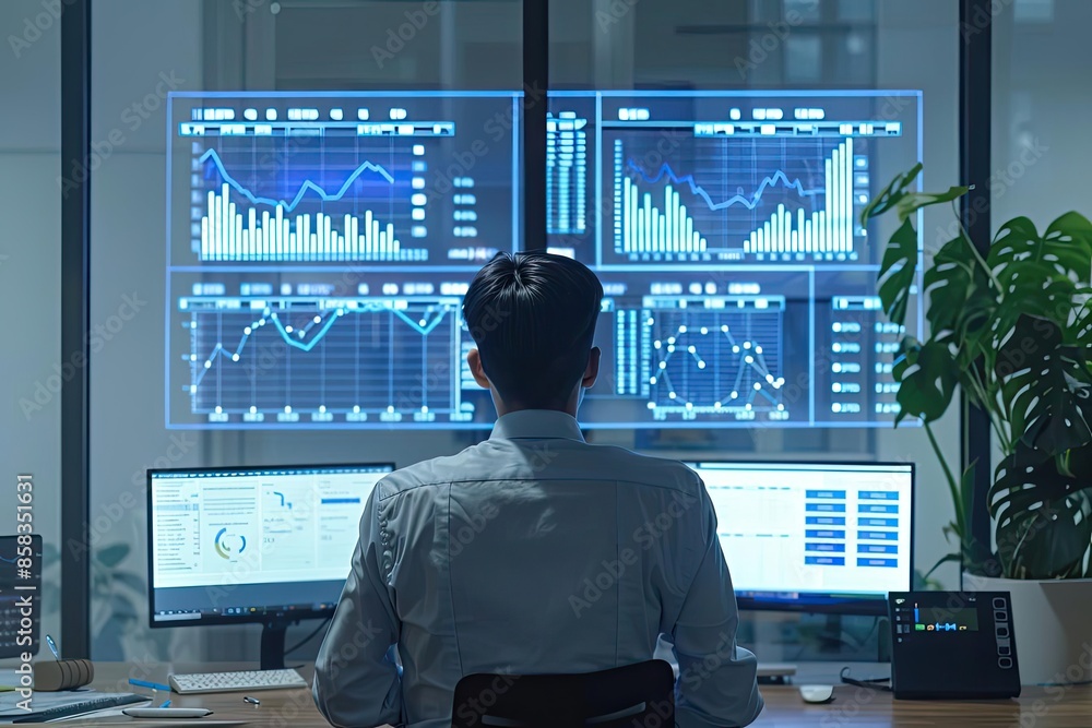 Poster a man in an office analyzing financial data on multiple screens, focusing on stock market charts and