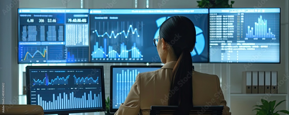 Poster businesswoman analyzing financial data on multiple screens displaying charts and graphs in a modern 
