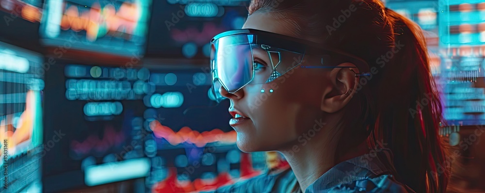 Poster female stock trader analyzing data on multiple screens while wearing ar glasses, embracing technolog
