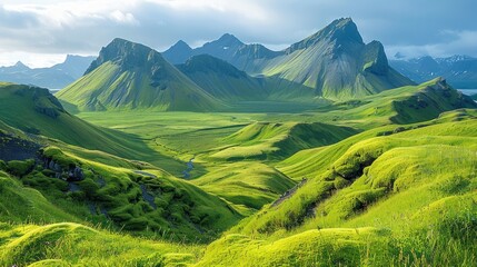 Obraz premium Rolling Green Hills and Majestic Mountains