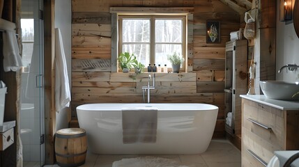 Cozy wooden bathroom interior with a freestanding bathtub and a rustic decor aesthetic. 