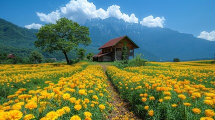 Wooden Cabin in a Field of Yellow Flowers