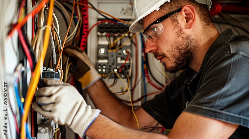 Poster an electrician works on electrical wiring within a wall cavity, focusing on the connection points. s