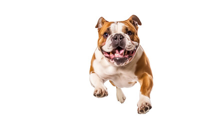 Full body shot of Bulldog dog, running happily, smiling.