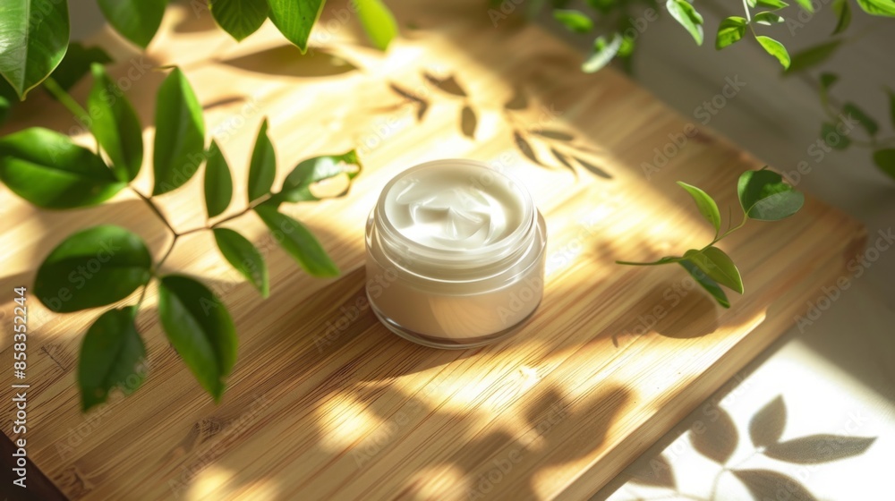 Aufkleber a close-up of a cream jar on a wooden surface, with green leaves in the background. sunlight casts s