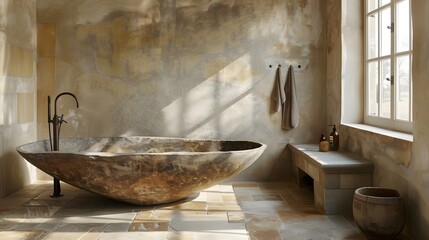 Luxurious modern bathroom with natural stone elements and sun rays creating a serene atmosphere. 