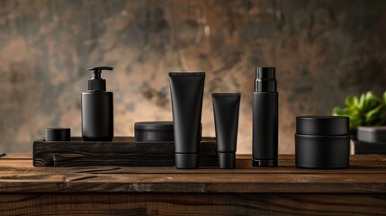 Men s grooming products displayed on a wooden table with black tubes Room for text