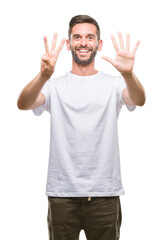 Young handsome man over isolated background showing and pointing up with fingers number eight while smiling confident and happy.
