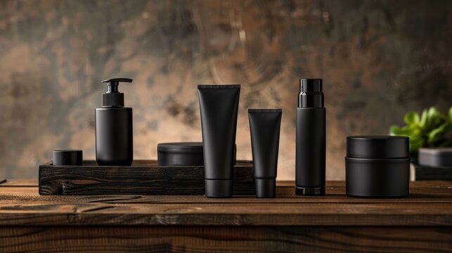 Men s grooming products displayed on a wooden table with black tubes Room for text