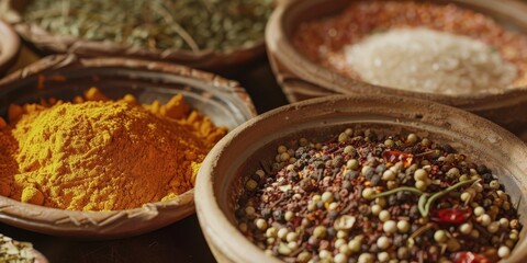 Various spices in wooden bowls.