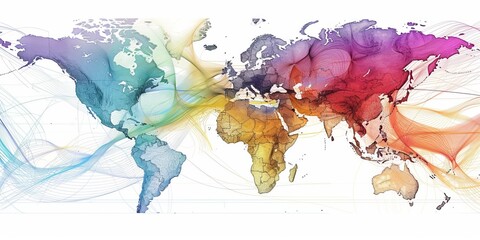 Colorful abstract world map. Continents are painted in bright colors.