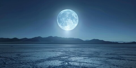Full moon rising over a vast desert landscape.