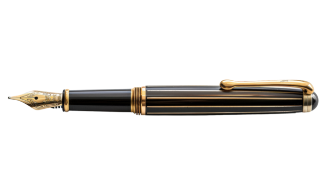A classic black and gold fountain pen isolated on a black background.