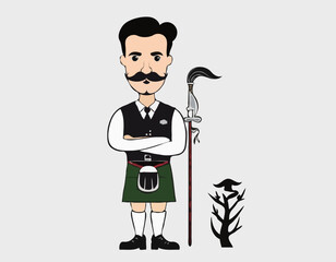 Scottish male with a mustache in a kilt. Vector illustration isolated on white background.