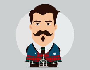 Scottish male with a mustache in a kilt. Vector illustration isolated on white background.