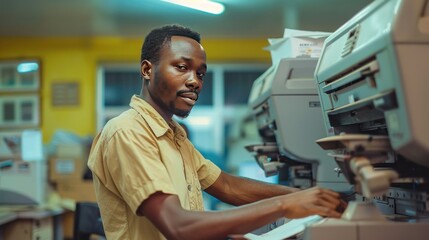 A PHOTOCOPY WORKER RUNNING A MACHINE IN AN OFFICE ROOM,