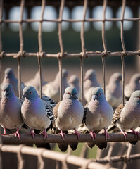 Pigeon birds. Pigeons in a cage. Generative AI